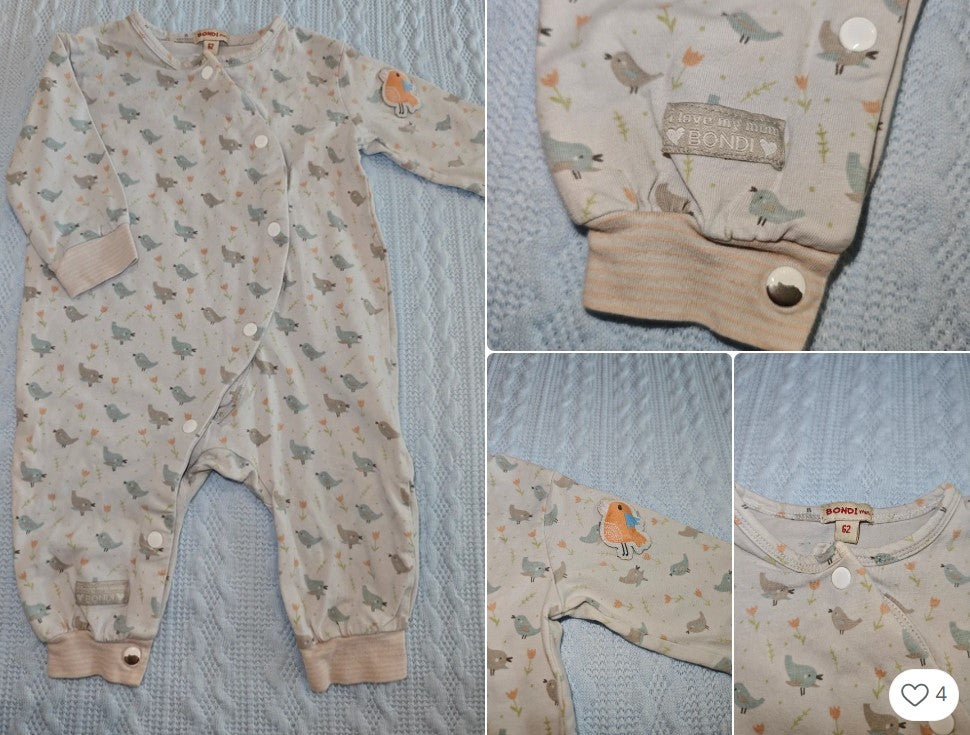 Schlafanzug / Strampler (Cremefarben, Vögelchen)